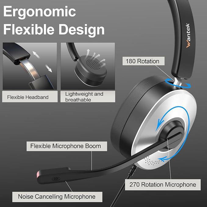 Wantek USB Headset with Microphone, Noise Cancelling Computer Headset | 3.5mm/USB/USB-C Adapter, Plug & Play Wired Office Headset for Laptop, Call Center, Zoom Teams, Work from Home