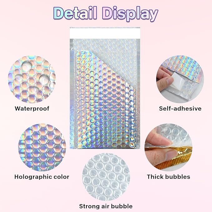 50 Pcs Metallic Bubble Mailers Holographic Bubble Mailers 6 x 9.4 Inch Self Seal Waterproof Shipping Bags Self-Seal Adhesive Poly Padded Envelopes for Mailing Packaging Small Business