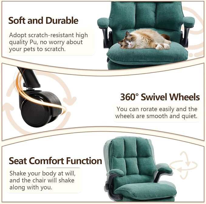 Comfy Office Chair Soft and Double Cushioned Ergonomic Computer Desk Chair for Long Hours Executive Office Chair with Flip-up Armrests and Height Adjustment for Home Office Green