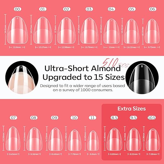modelones X Nail Gel Kit Almond,15Sizes Fake Nails 510Pcs, 9-in-One Glue Prep Dehydrator & Portable Mini U V Light Acrylic Clipper, Extra Short Almond Press on Tips Extension Kit