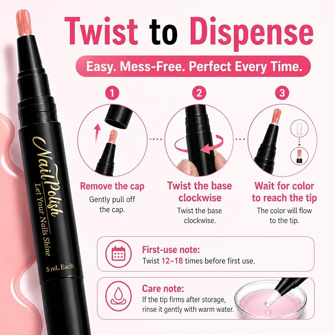 Nail Polish Pens 6 Colors, Quick Dry Water Based Nail Polish Set | Nail Polish Pens Quick Dry No UV Light Needed, Fast 60s Drying for Travel Office & Date, Basic Tones, 6 Pc