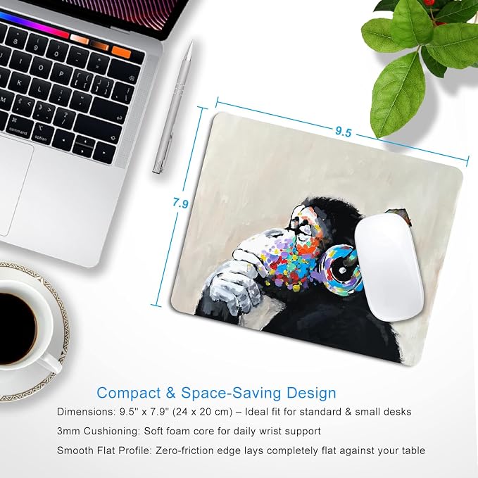 Gorilla Oil Painting Mouse Pad, Non-Slip Small Computer Mousepad | Personalized mousepad with colorful chimpanzee music artwork. Premium smooth fabric surface, 3mm cushion & rubber base.