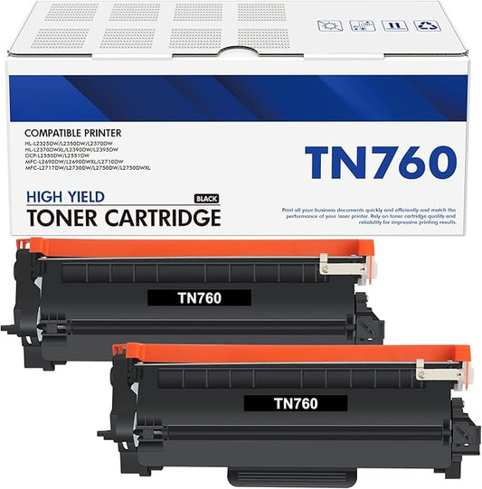 TN760 TN-760 TN730 Toner Cartridge 2 Pack High Yield Black Compatible for Brother TN 760 Toner for HL-L2395DW HL-L2370DW HL-L2390DW HL-L2350DW HL-L2370DW MFC-L2750DW MFC-L2710DW DCP-L2550DW Printer