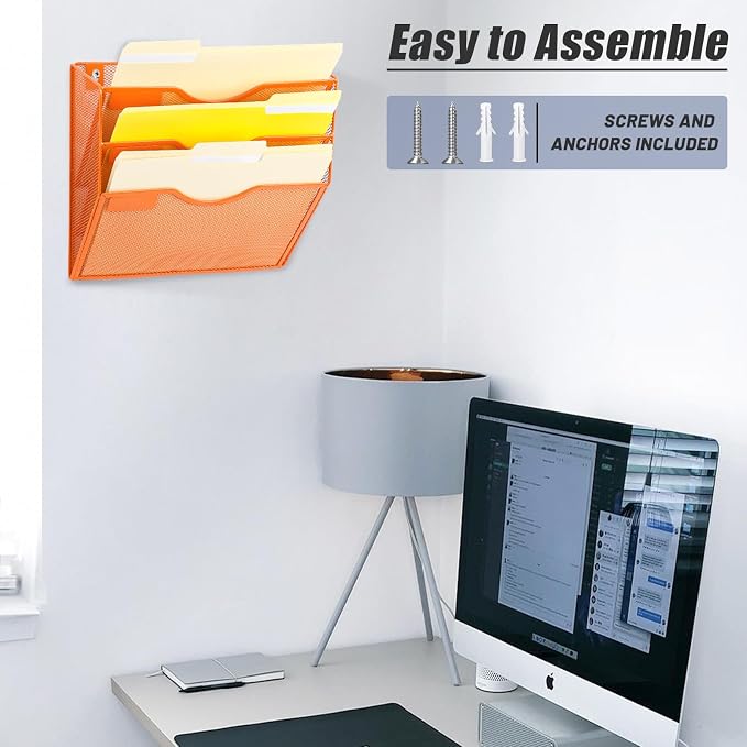 3 Pocket Mesh Hanging Wall File Organizer, Wall Mounted Mail Paper Document Folder Holder, Clipboard Storage Organization Magazine Rack with Nametag Label for Office Home School, Orange