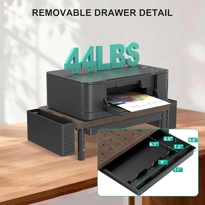 WALI Computer Monitor Stand with Storage and Pen Holder | 3 Height Adjustable Desk Organizer with Drawer, Desk Laptop Monitor Riser for Computer, Printer(PTT003-C), 1 Pack, Brown