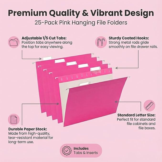 Pink Hanging File Folders Letter Size,25 Pack Reliable Hanging Folders for Filing Cabinet,Reinforced Rods for Smooth Gliding,Includes 1/5 Adjustable Tabs & Inserts,Ideal for Home & Office