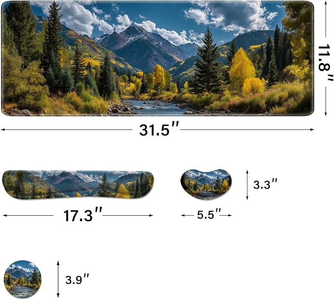 Desk Pad and Keyboard Wrist Rest, Large Mouse Pad + Keyboard Pad+Mouse Wrist Support, Non-Slip Desk Mat Protector for Office, Home 31.5×11.8 Inches Fall Forest