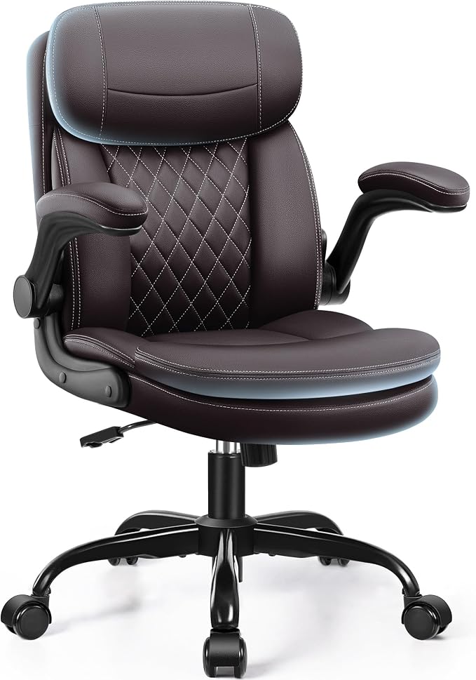 Leather Office Chair, PU Computer Desk Chairs with Upgraded Double-Layer Seat Cushion and Neckrest, 360°Swivel, Ergonomic Small Gaming Chair with Wheels and Adjustable Armrests, Dark Brown