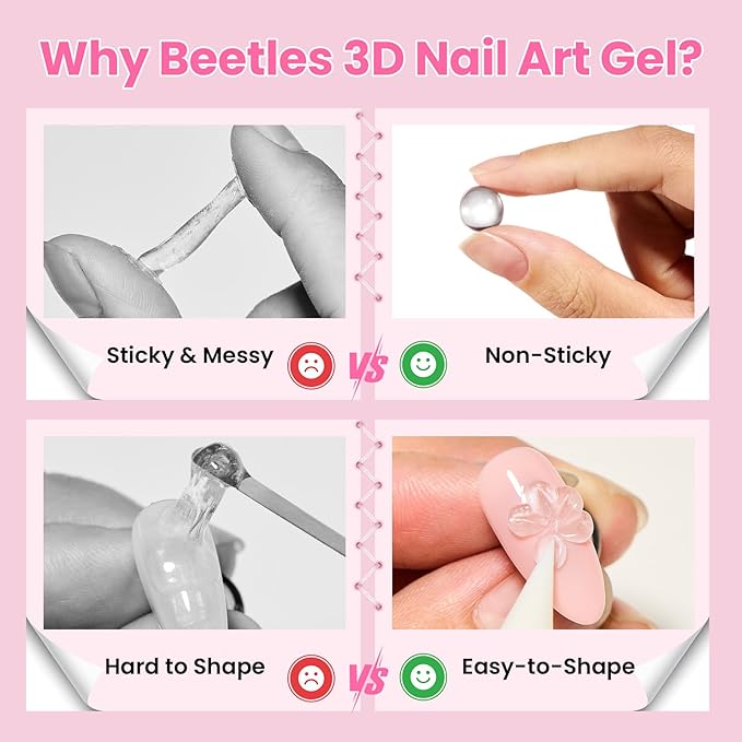 Beetles 3D Gel Nail Art with 3D Mold-2 Pcs Ballet Whisper Clear&Pink Solid Builder Nail Gel,Non-Sticky Sculpting, Dual-Ended Sculpture Pen, Beginner Friendly DIY at Home,UV LED Lamp Needed