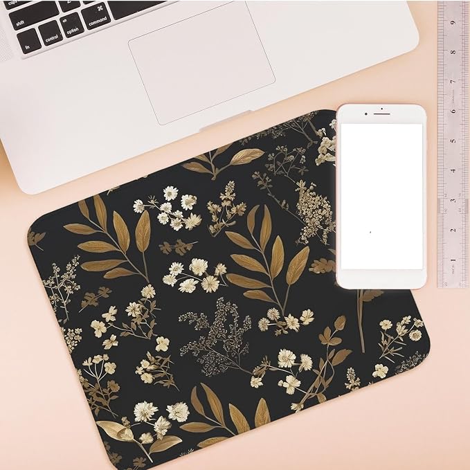 Floral Mouse Pad, Deep Balck Small Mouse Pads,Plants Mouse Pads for Laptop Desk, Flower Mousepad for Computers Aesthetic, Botanical Computer Mouse Pad Desk Mat for Women 11.8x9.8