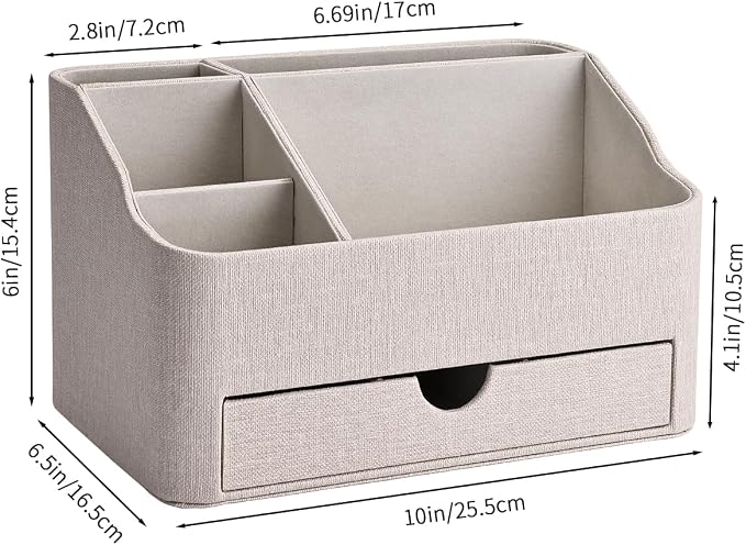 PU Leather Desk Organizer with Drawer, 5 Compartments Desktop Storage Caddy for Office & Home Supplies, Pen Holder for Remote Control, Phone & Accessories, Mail Organizer Countertop(Beige)