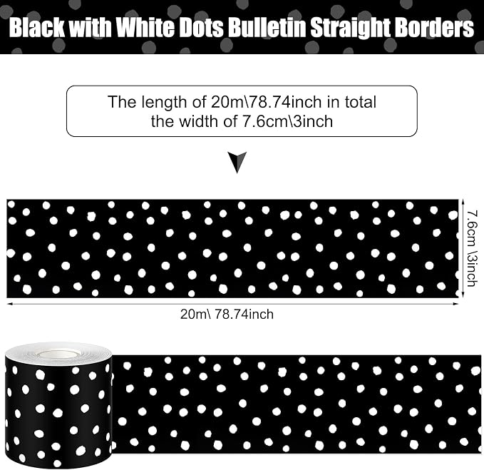 Zonon 65 Feet Bulletin Board Borders Black White Polka Dots Rolled Trim | Classroom Back to School Decoration, Scalloped Wavy Edge Design, Straight Trim for Bulletin Boards, Decorative Display
