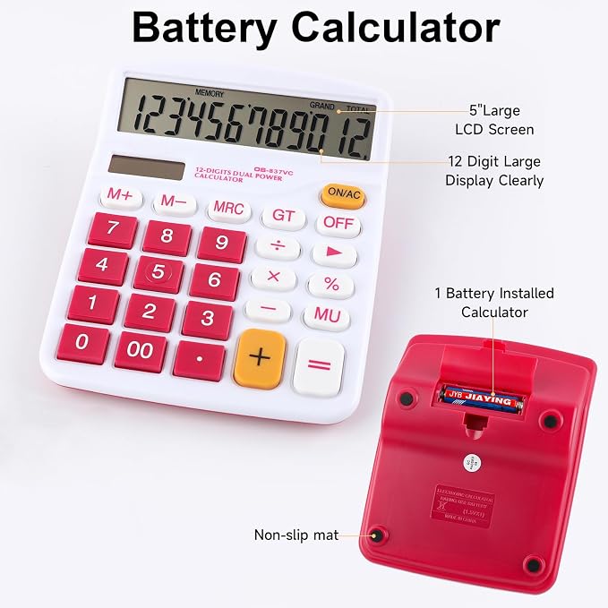 Desktop Calculator Solar Battery Dual Power 12 Digit Large LCD | Display Financial Dedicated Large Standard Function Desktop Business Calculator for Office/Home/School KA08 Red
