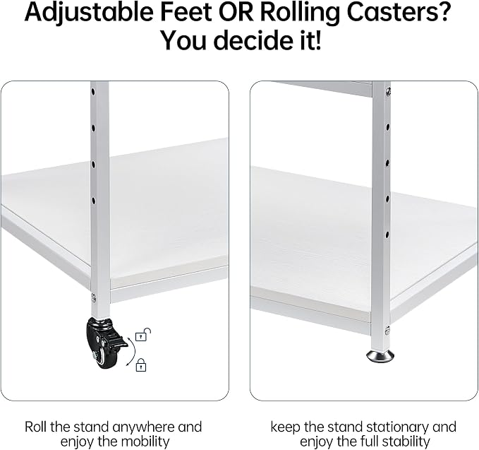 Fannova White Printer Stand Table, 23.6"x18.9"x30" Large Size with Storage | Height Adjustable Middle Shelf, Heavy Duty Industrial Wheels, 3 Tier Rolling Cart for 3D Printer, Home Office Furniture