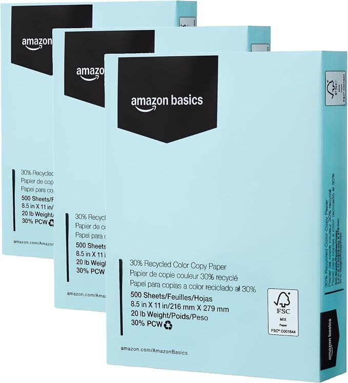 Amazon Basics 30% Recycled Color Copy Paper, 8.5" x 11", 20lb, Pastel Blue, 500 Sheets (Pack of 3)