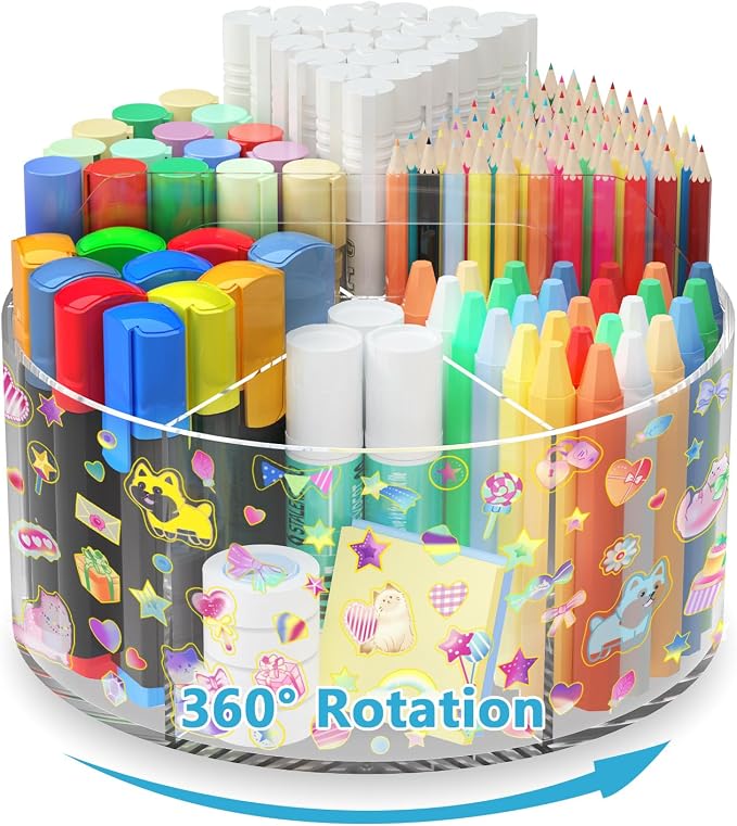 Acrylic Pen Holder for Desk Organizer Holder with 2 Adhesive DIY Stickers | Marker Holder Organizer with 2 Cute Sticker, 360 Degree Office Supply Organizer Clear Pencil Holder for Kid 6 Compartments