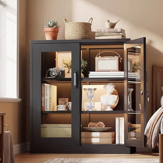 VINGLI Lockable Display Cabinet with Glass Door & 3ble Shelves, 35.5" H Metal Storage Cabinet Curio Liquor, Bookshelf Bookcase for Home Office Living Room Pantry Garage (Black)