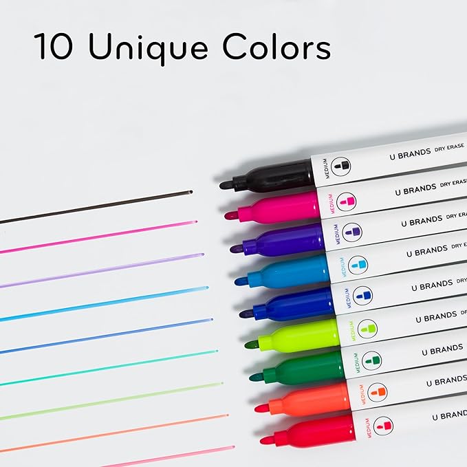 U Brands Fine Tip Dry Erase Markers with Eraser, Low Odor Whiteboard Markers Fine Tip, Assorted Bright Colors, Set of 10
