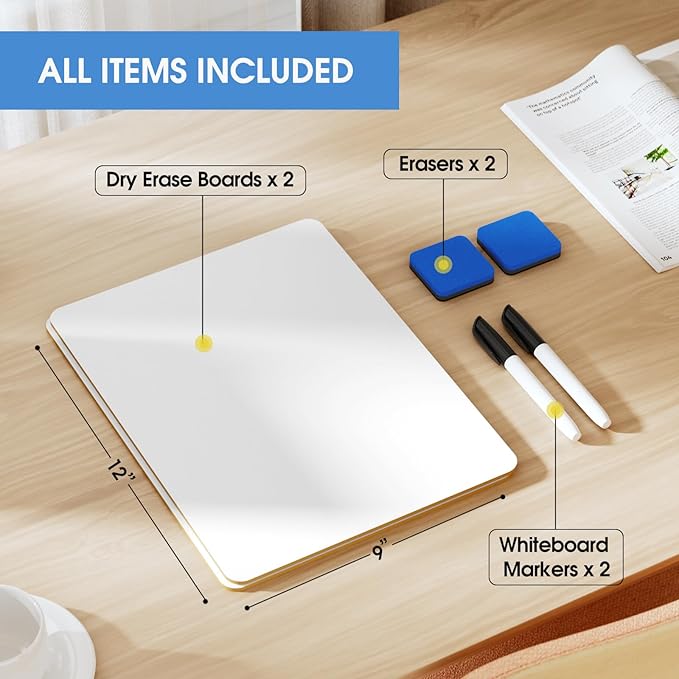 MaxGear Small White Board 2 Pack Dry Erase Boards, 9''x 12'' Mini White Board Double Sided Portable Whiteboards for Students Teachers School Supplies Lapboards Including 2 Markers and 2 Erasers