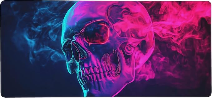 Aesthetic Skull Gaming Mouse Pad, Blue Pink Cyber Desk Mat with Anti-Slip Base & Stitched Edges,35.4" x 15.7" in Table Mat for Computer Desktop, Beautiful Workstation Decor