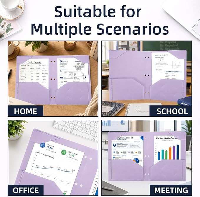 2-Pocket Folder, Heavy Duty Plastic Folder with 3 Hole Punched, Fit for 3 Ring Binder, Letter Size Binder Folder for School Office (Purple)