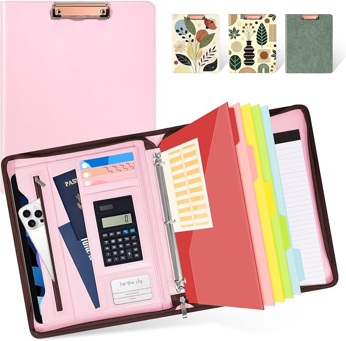 Ospelelf Pink Leather Portfolio Binder 3 Ring, Zippered Clipboard Folder with Storage - 5 Dividers with Pocket, Padfolio for Women,12.1” Tablet Sleeve, Refillable Notepad, Card Slot