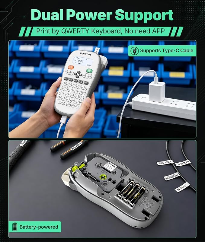 Rongta TH110 Bluetooth Handheld Label Maker Machine with 1 Tape, QWERTY Keyboard Portable Label Printer, for Home, Office, Organization