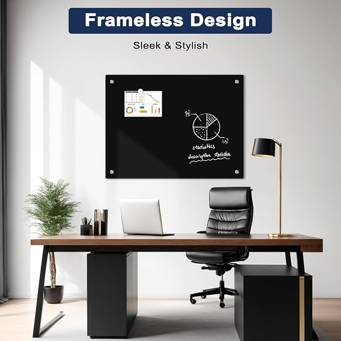 Magnetic Black Glass Dry Erase Board, 36" x 24", Frameless Wall Mount | Glass Whiteboard for Wall, Includes 1 Marker Tray and 6 Magnets, White Board for Office, Home, Classroom