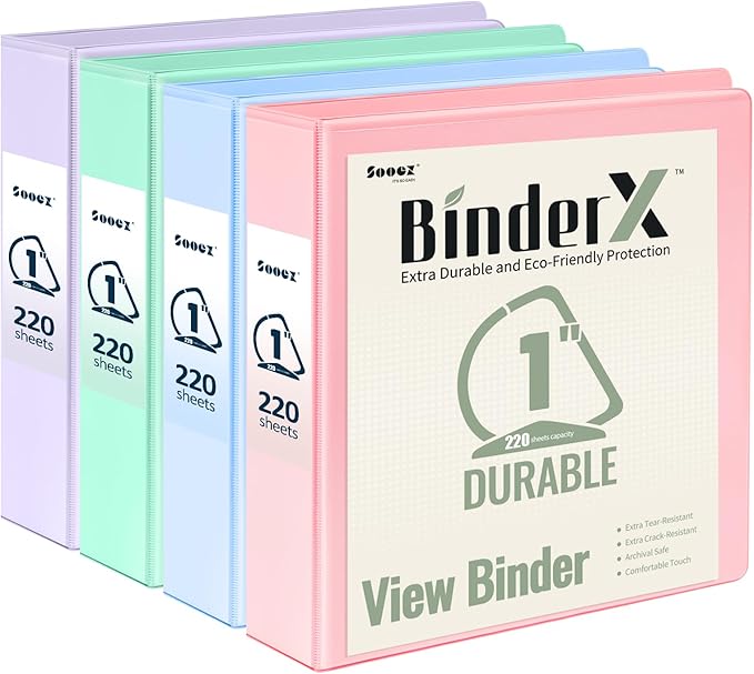 Sooez BinderX Extra Durable 4 Pack 1 Inch 3 Ring Binder, D-Ring Large Binder, Holds 880 Sheets of 8.5x11 Paper, Customizable View Cover with Inside Pocket, Pastels