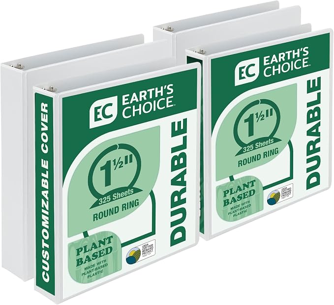 Samsill Plant-Based 1.5 Inch Durable Round Ring, View Binder, Eco-Friendly, USDA Certified Biobased, 4 Pack, White