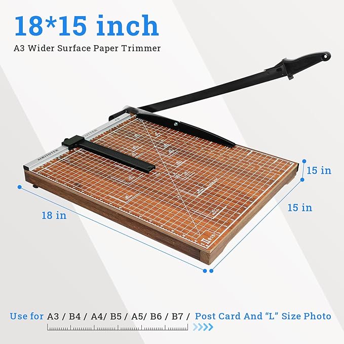 A3 Guillotine Paper Cutter Trimmer, 18" Wood Paper Trimmer for Office and Crafts, 10-12 Sheets Capacity (Brown)