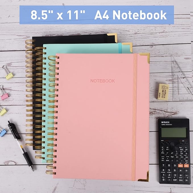 Spiral Notebook, College Ruled Notebook Journal, 8.5” x 11”, 300 Pages Leather Writing Journal for Women Men, A4 Hardcover Notebook for Work School, 24pcs Index Tabs, Black