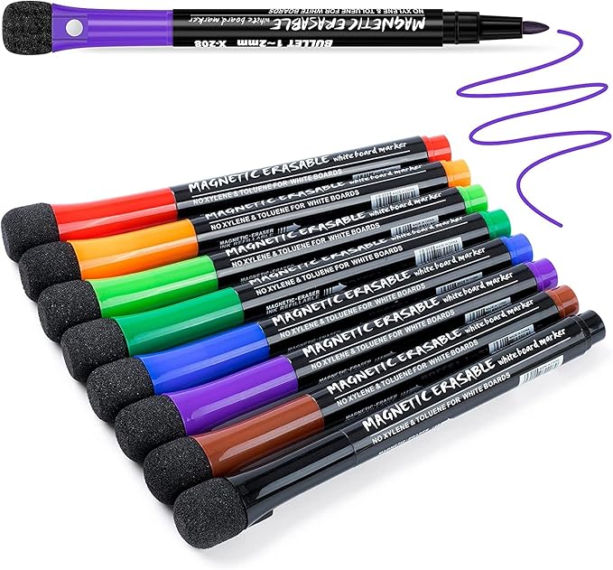 Fine Tip Dry Erase Markers 8 Pack, Magnetic Dry Erase Markers With Eraser, Skinny Low Odor White Board Marker Pens Bullet Tip Fine Point Thin Dry Erase Markers For Teachers Office Supplies
