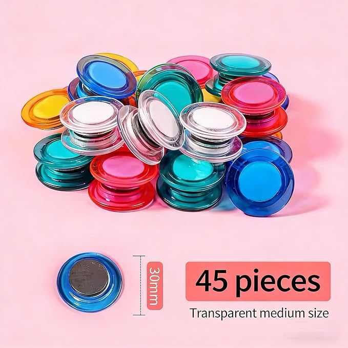 Round Plastic Fridge Magnets, 1.18 in/30mm, 45 Pcs, Translucent Multicolor, Heavy-Duty Magnetic Buttons, Push Pins for Refrigerator, Whiteboard, Office, Classroom, Locker Decoration
