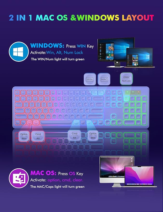 Wireless Keyboard and Mouse Combo with RGB Backlit, Rechargeable | Light Up Letters, Full-Size, Soft Typing, Sleep Mode, 2.4GHz Quiet Keyboard Set for Mac, Windows, Laptop, PC, Trueque KM42Pro