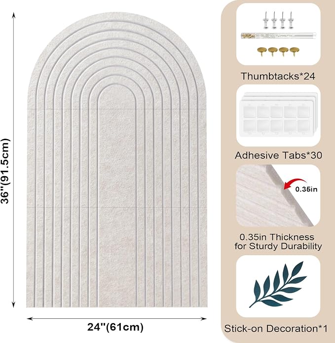 Large Arched Felt Bulletin Board, Stylish Sized 36" x 24" Cork Board Alternative with Grooved Pin Board for Office & Wall, 3 Foldable Customizable Adhesive Tiles with Pins for Photo Display, Oatmeal