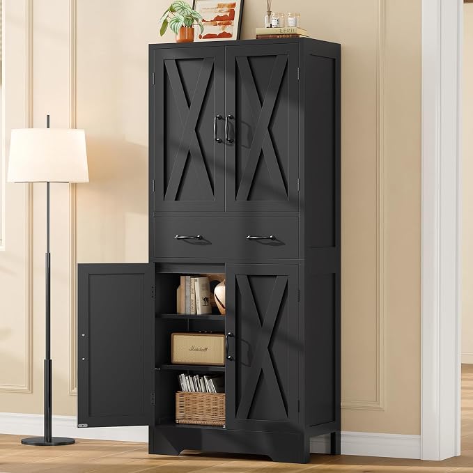 Tall Storage Cabinet with 2 Adjustable Shelves & 1 Large Drawer, Kitchen Pantry Cabinet with 4 Doors, Bathroom Storage Cabinets, for Living Room, Kitchen, Bathroom, Black