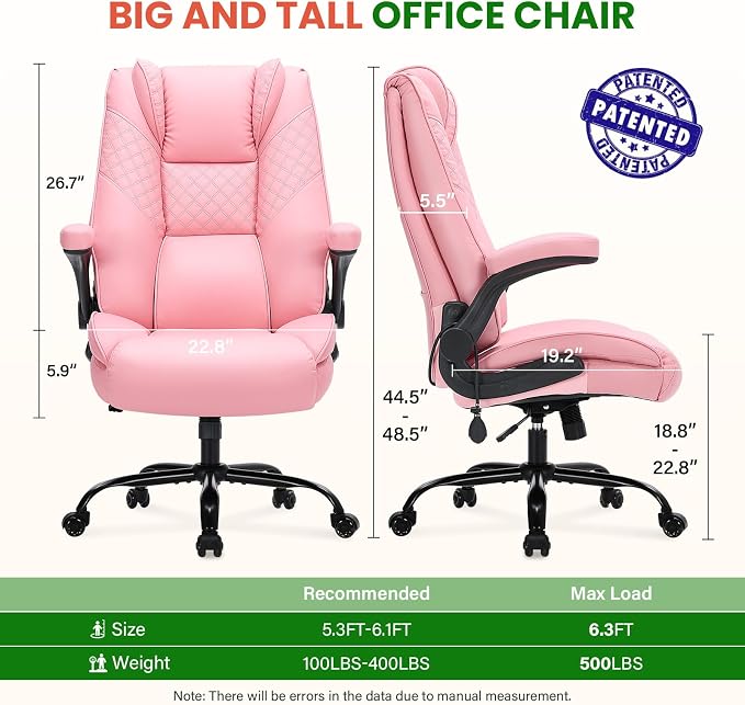 CIOMAN 500lbs Big and Tall Office Chair with Inflatable Lumbar Support, Rubber Wheels Executive Chair with Rocking Function, High Back Wide Cushion Ergonomic Desk Chair for All-Day Sitting,Pink