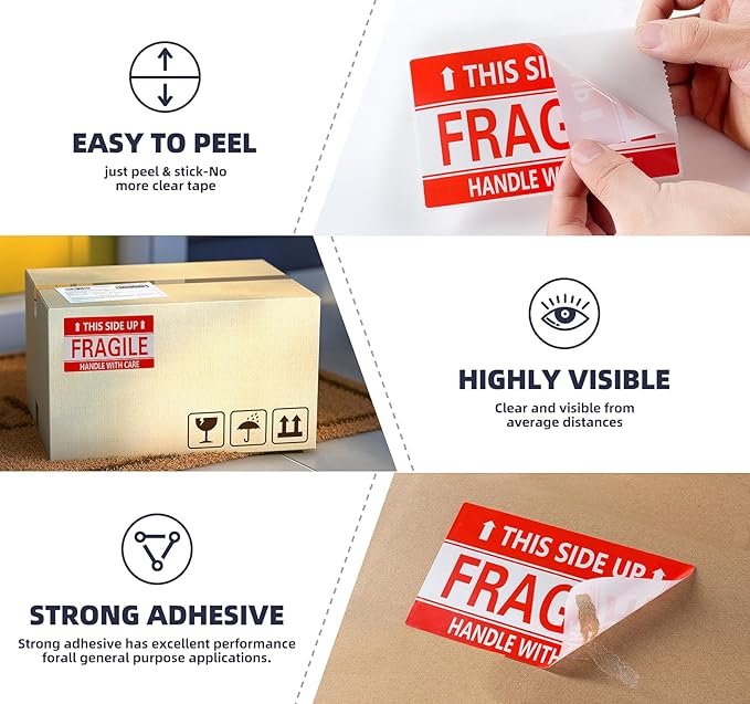 3x5 Inch Handle with Care This Side Up 100 Permanent Adhesive Fragile Stickers for Shipping Moving Glass Labels (1 Roll, 100 Labels)