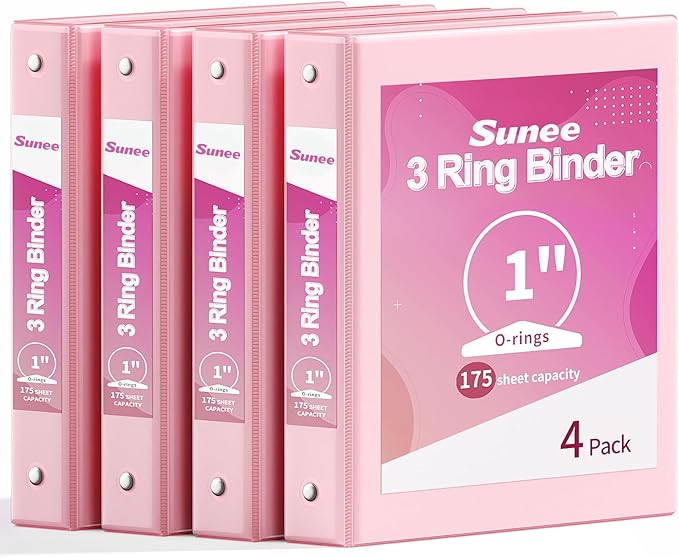 SUNEE 3 Ring Binder 1 Inch 4 Pack, Clear View 1" Binders Three Ring PVC-Free (Fit 8.5x11 Inches) for School or Office Supplies, Pink