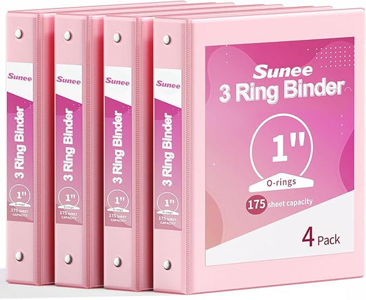 SUNEE 3 Ring Binder 1 Inch 4 Pack, Clear View 1" Binders Three Ring PVC-Free (Fit 8.5x11 Inches) for School or Office Supplies, Pink