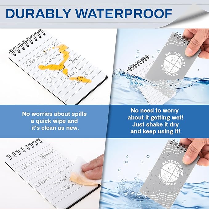6 Pack Weatherproof Pocket Notebook, 5" x 3" Top-Spiral Weatherproof All Weather Notepad for Office School Police Outdoor Recording Steno Note Pads