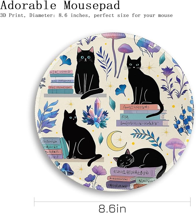 Gctriki Cute Black Cat Mouse Pad, 8.6" Round Funny Mousepad with Stitched Edge & Non-Slip Base, Comfortable Mouse Pads for Computer Laptop, Unique Office Decor & Home Desk Accessories Cat Book Lovers