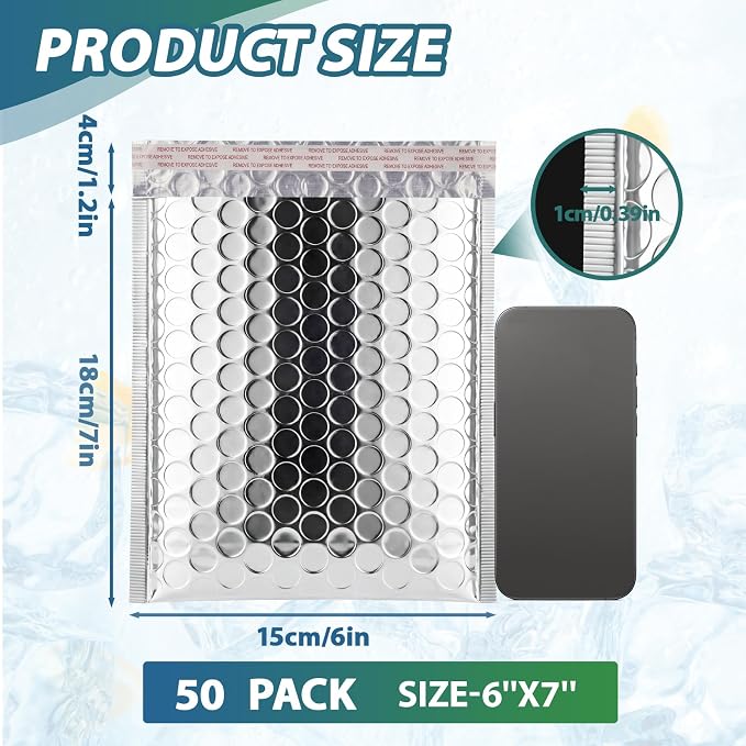 50 Pack 6 x 7 Inch Insulated Bubble Mailers, Silver | Self Seal Closure, Foil Lined Interior, Padded Cushioning, Waterproof, Cold Delivery Packing, for Food and Cosmetics