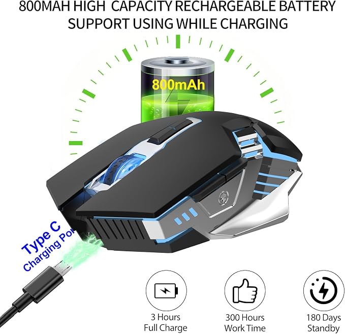 3-Mode RGB Silent Rechargeable Wireless Gaming Mouse Black | BT5.0/BT3.0+2.4G connection, RGB backlight & quiet click, for gaming office, compatible with Laptop, PC, Mac, iPad & Tablet
