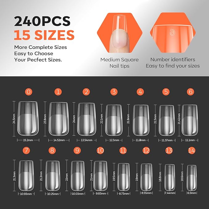 modelones Pro Luxe Instant Nail Apex Tips, Medium Square Extension Gel Tips Pre-building & Pre-etched Thicker Strength Acrylic Fake Nails Full Cover 15 Sizes
