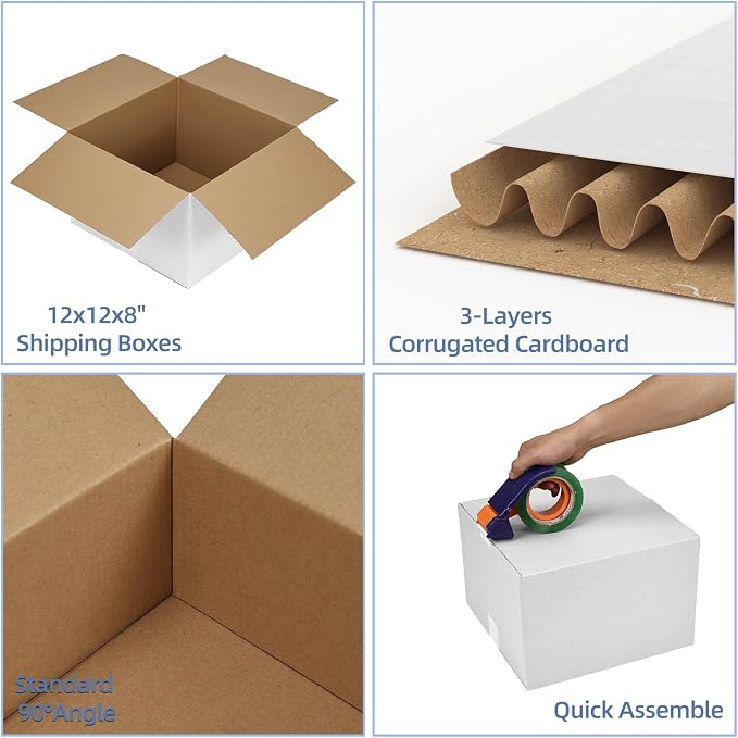 Hoikwo 12x12x8 Thin Light Weight Shipping Boxes Set of 15 | White Corrugated Cardboard Box for Small Business for Packaging Mailing Light Weight Items