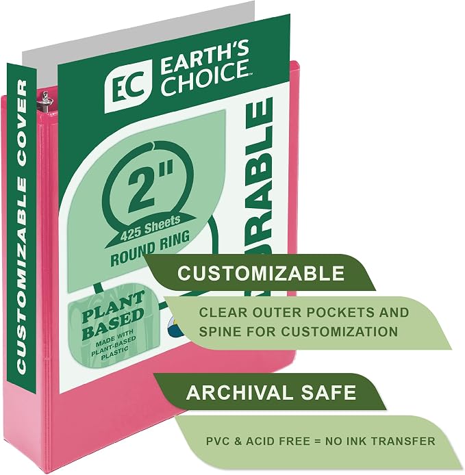 Samsill Plant-Based 2 Inch Durable Round Ring, View Binder, Eco-Friendly, USDA Certified Biobased, 2 Pack, Berry Pink