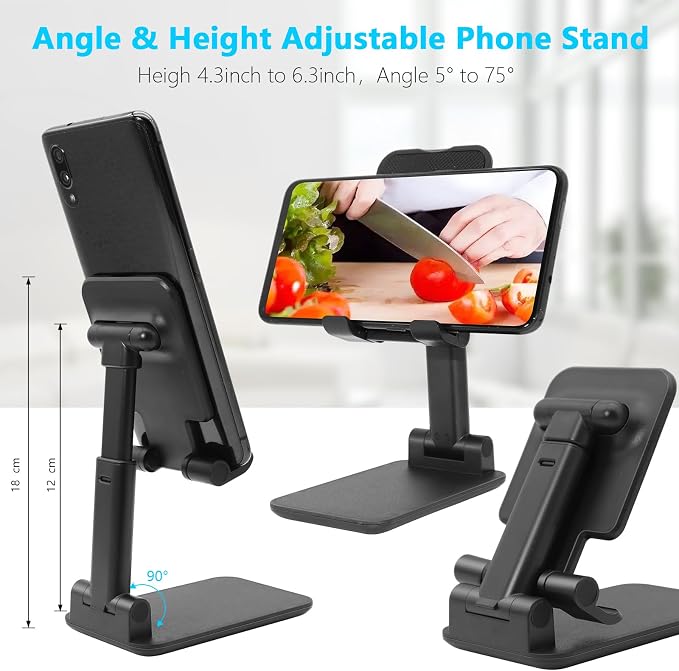 Cell Phone Stand for Desk, Angle & Height Adjustable Phone Holder, (Black) | Fully Foldable, Fits for All Under 6.5" Smartphones, Ideal for Home, Office & Travel Use