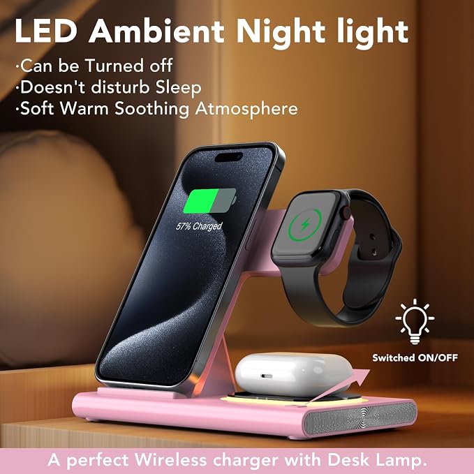 3 in 1 Foldable Wireless Fast Charging Station for Apple Multiple Devices | iPhone Charging Station for iPhone 17, Travel iWatch Charger Stand, Light Nightstand Charging Dock for Apple Watch/Airpods